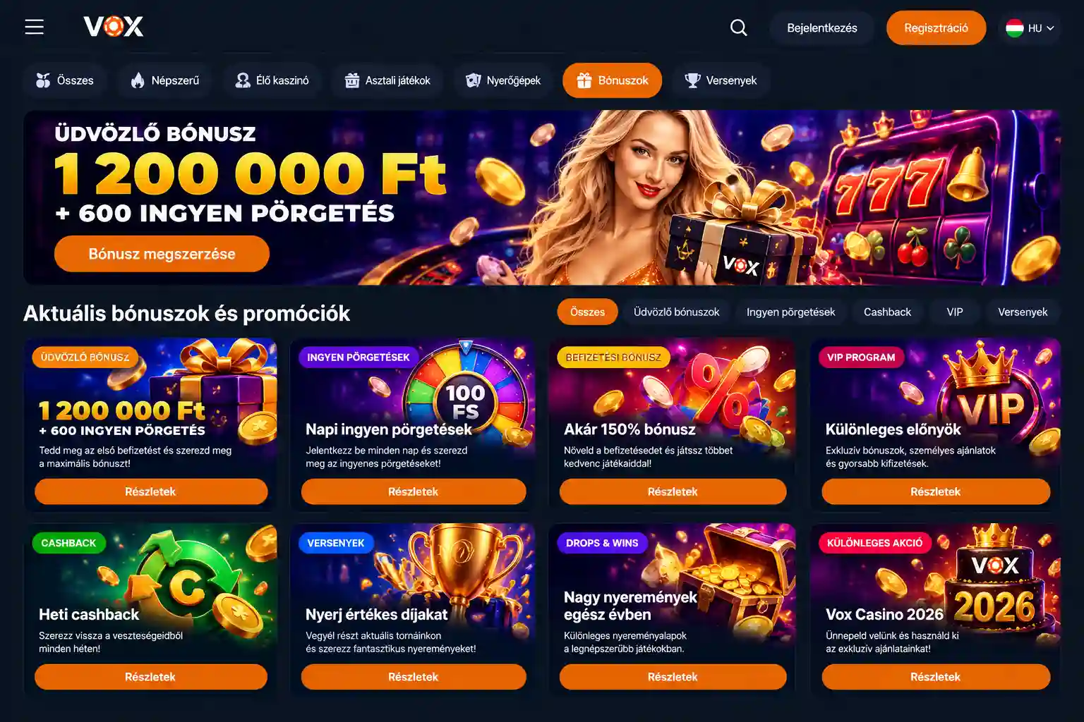 Vox Casino promóciós oldal képernyőképe – aktuális bónuszajánlatok, 2026