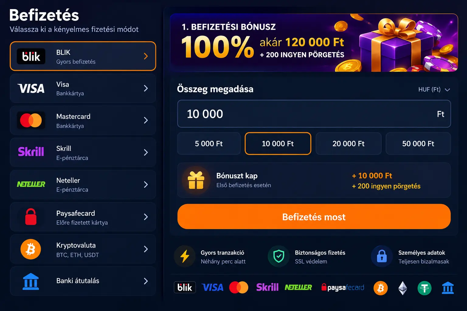Vox Casino pénztár szekció – elérhető befizetési módok listája, képernyőkép