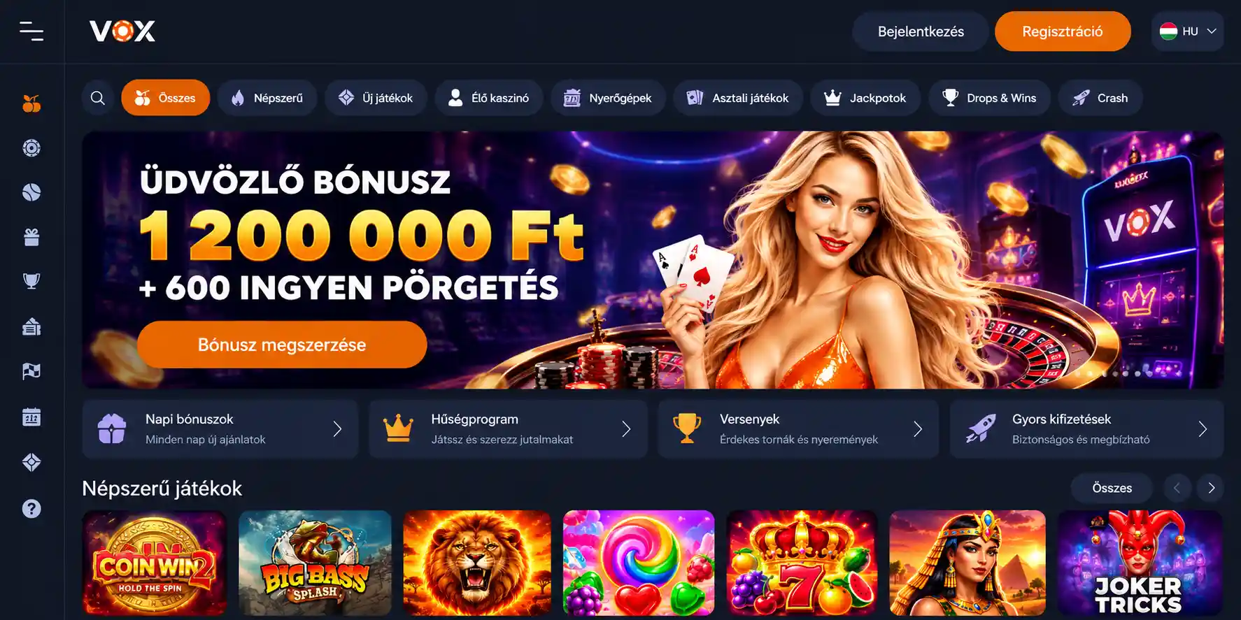 Vox Casino főoldal képernyőképe – asztali nézet, 2026