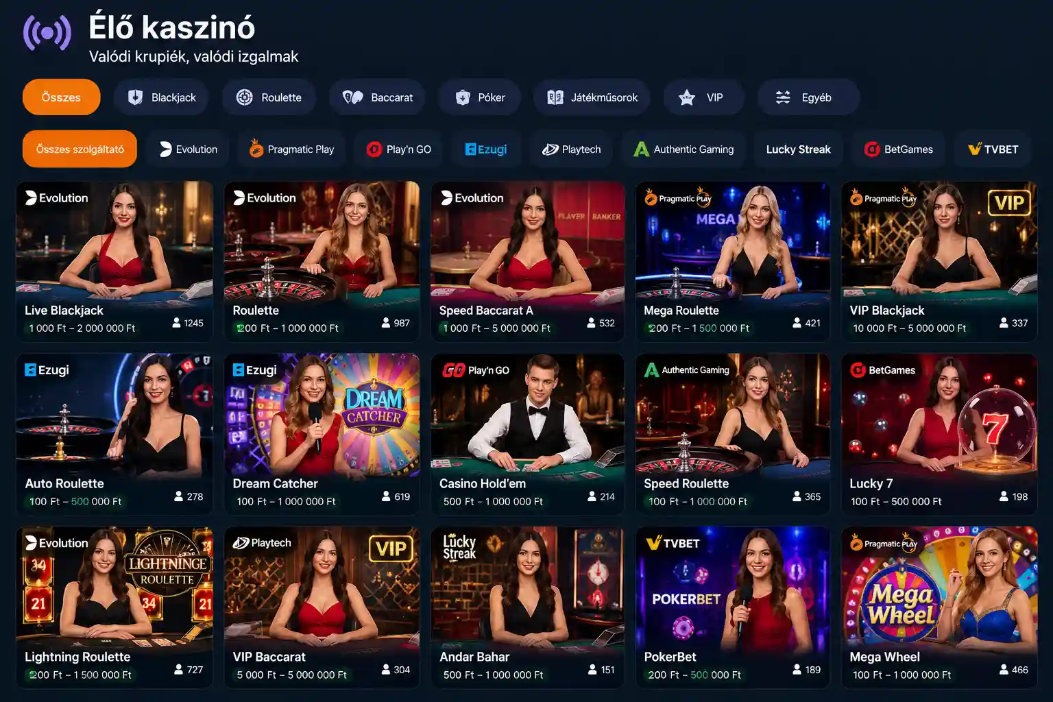 Vox Casino élő kaszinó szekció – live dealer asztalok, tétlimitek megjelenítése