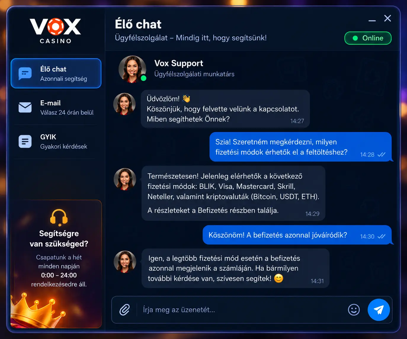 Vox Casino live chat felület – ügyfélszolgálati ablak megjelenése a platformon
