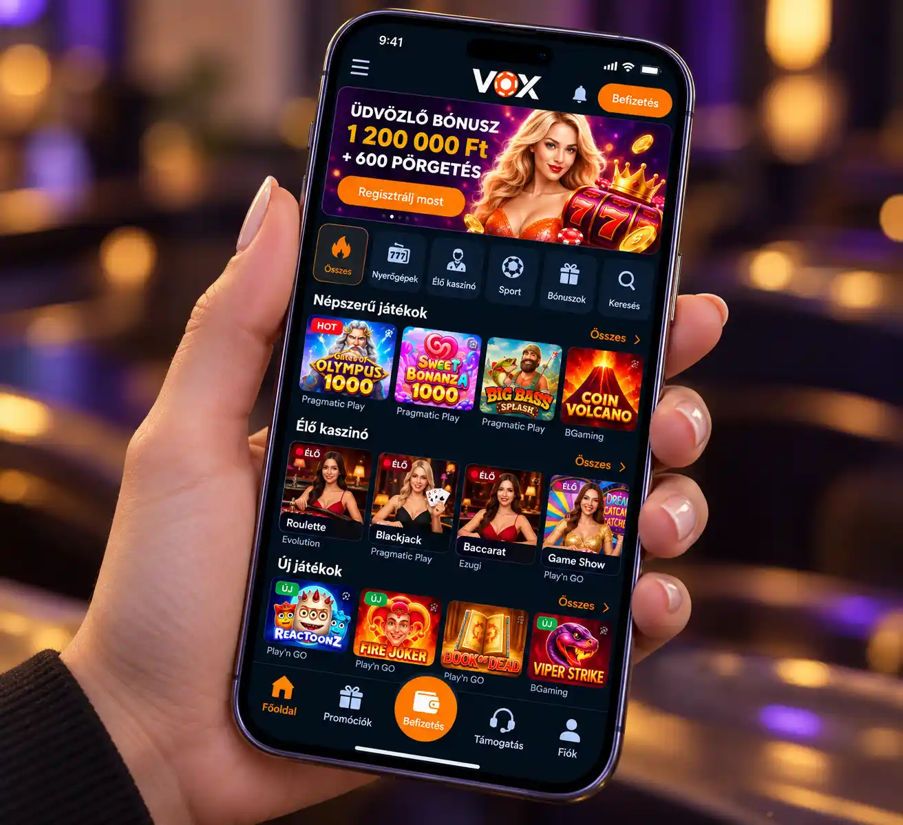 Vox Casino mobilalkalmazás – főképernyő Android készüléken, játékkategóriák láthatók