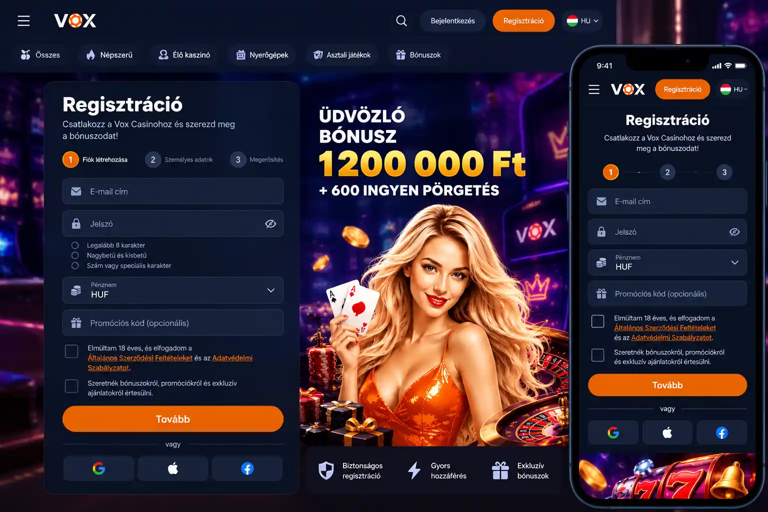 Vox Casino regisztrációs képernyő – adatbeviteli felület, mobilnézet