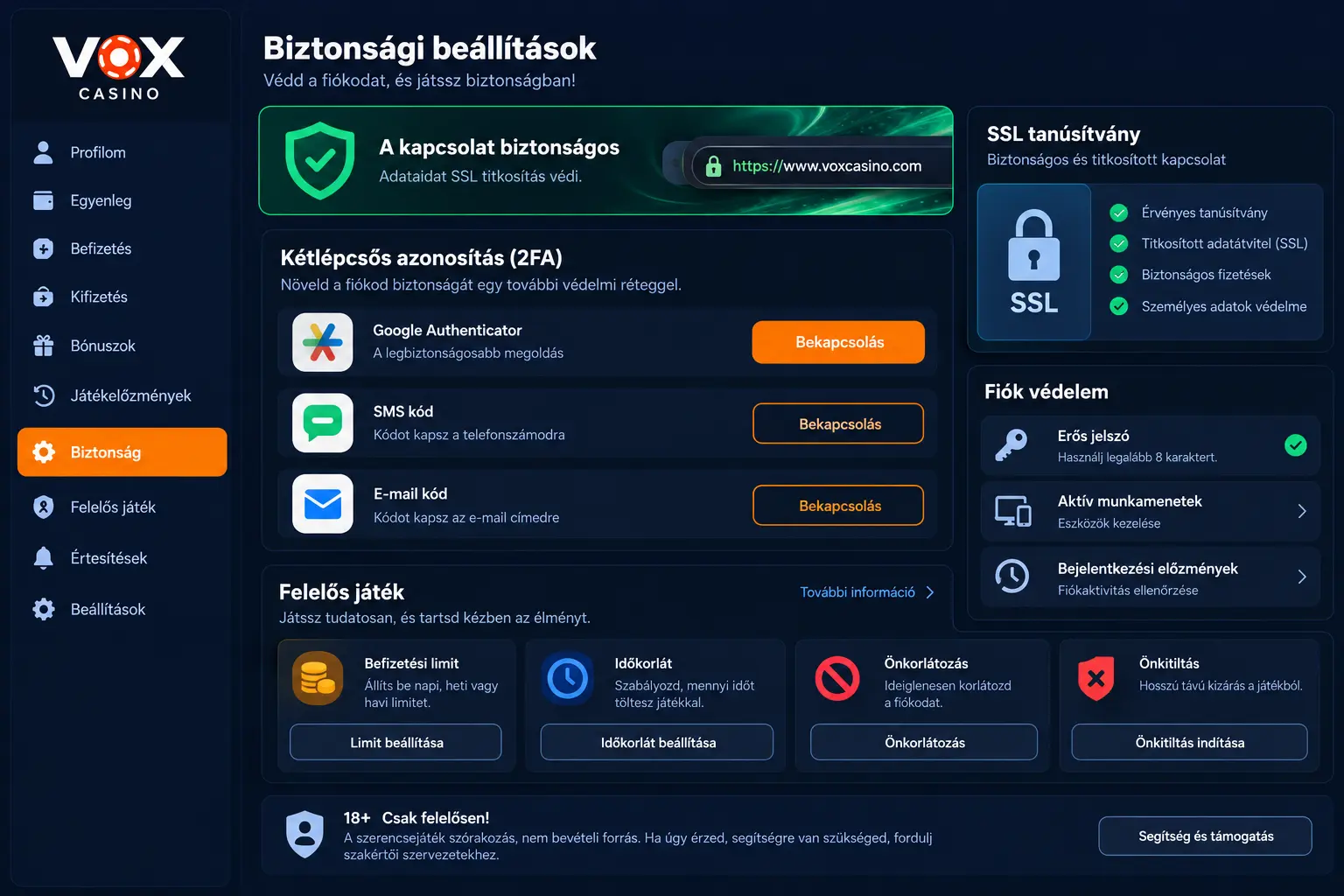 Vox Casino biztonsági beállítások oldala – SSL-tanúsítvány és 2FA-beállítások