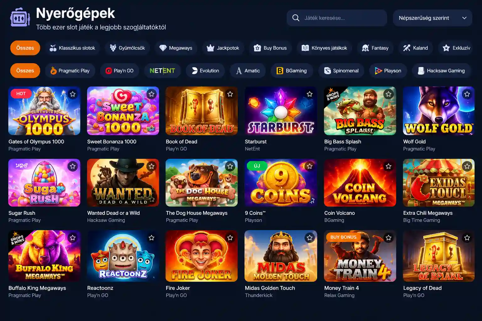 Vox Casino nyerőgépes szekció – slotok kínálata, szűrési lehetőségek láthatók