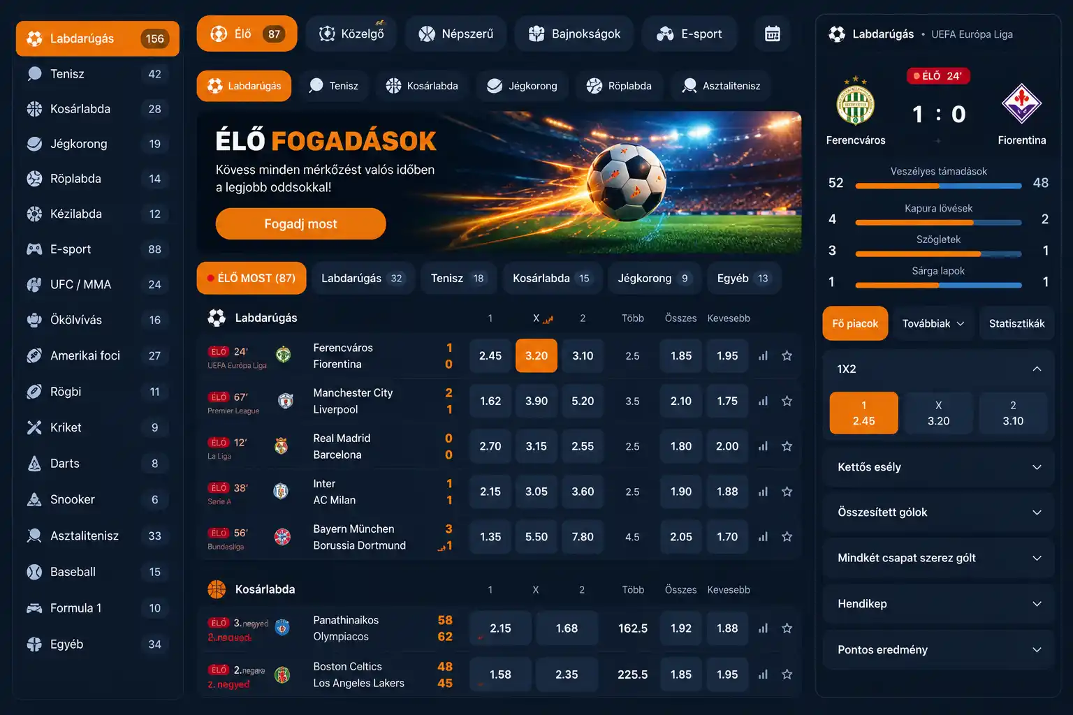 Vox Casino sportfogadás szekció – élő meccsek listája, oddsok megjelenítése